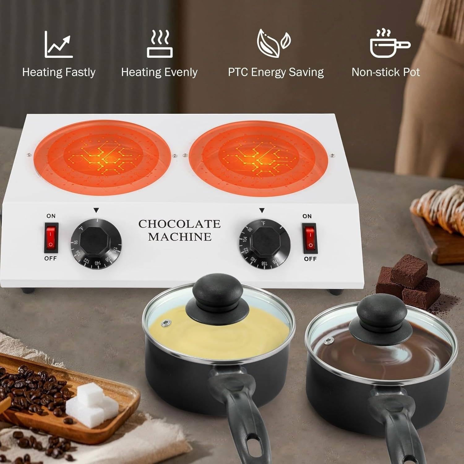 Temperateur de chocolat électrique, avec 2 poêles antiadhésives en céramique, 80 W, température constante de 30 à 80 ℃, avec commande manuelle