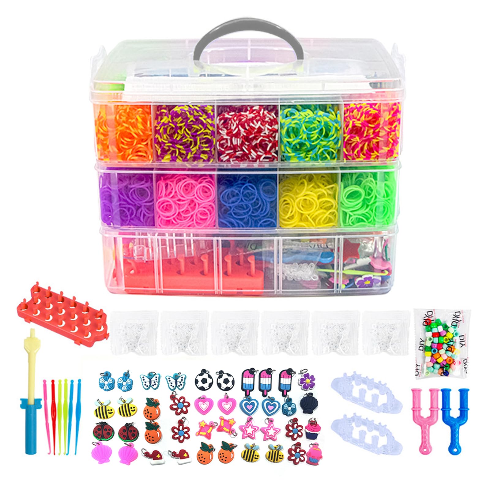 MuHadJiya Rubber Band Bracelet Kit with Hooks,15000 Loom Three Level Coloured DIY Bracelet Making Set, Kids Art Crafts Jewelry Starter Kit With Storage Cases