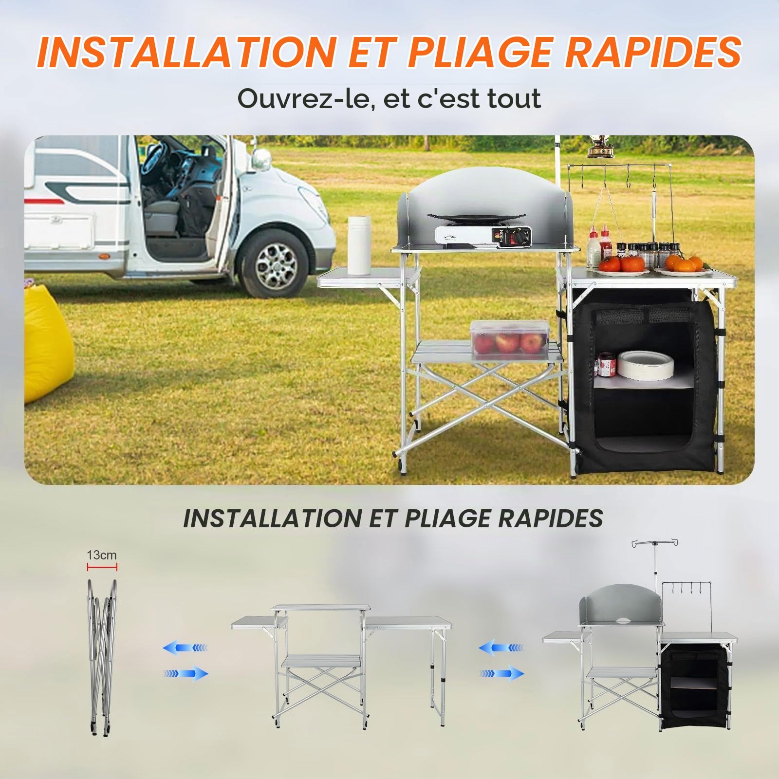 VEVOR Cuisine de Camping 146x46x168 cm Armoire de Camping Pliable Structure en Alu Grand Comptoir Meuble de Cuisine avec Pare-Brise 2 Compartiments avec Sac de Transport pour BBQ Pique-Nique Jardin