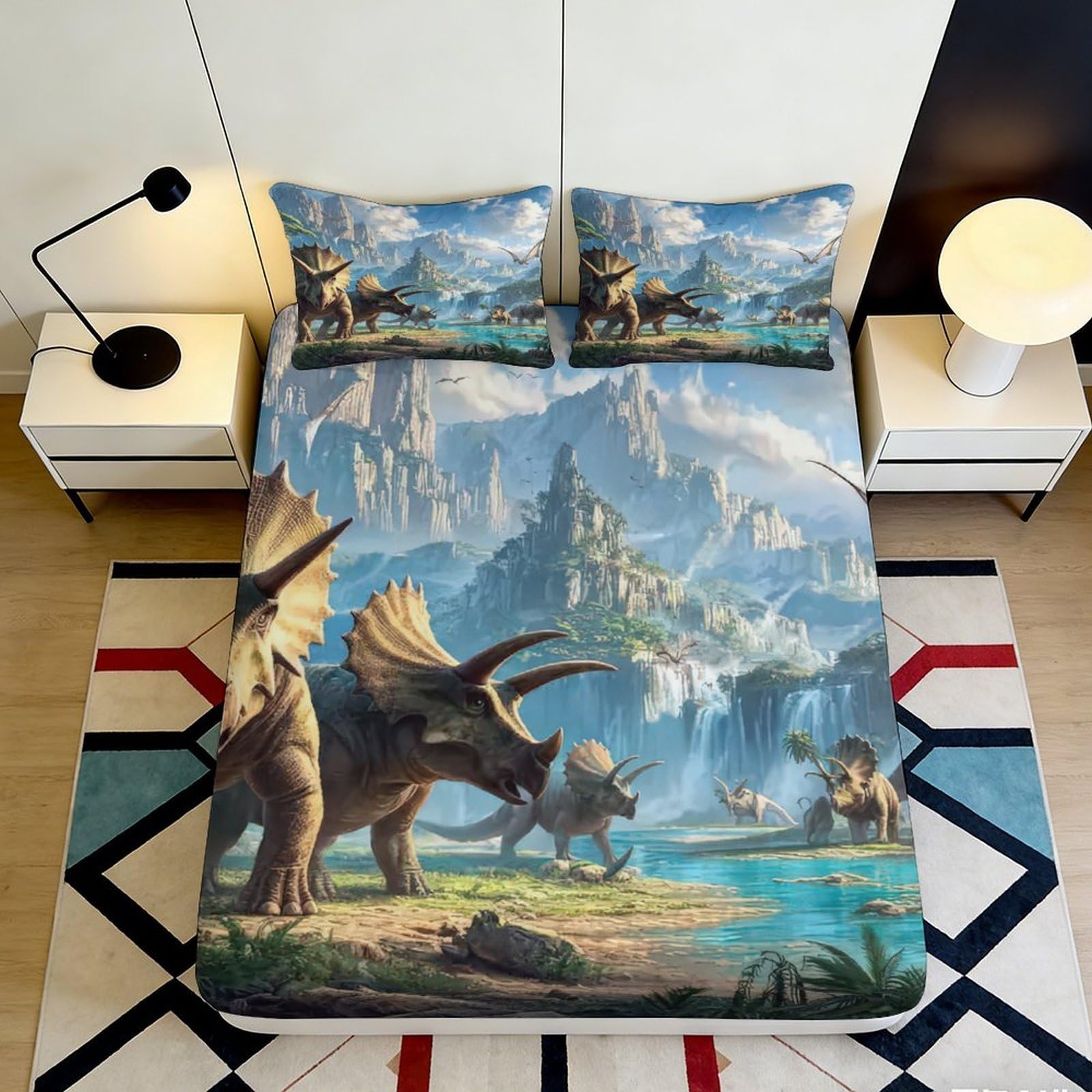 3D Printed Dinosaur Fitted Sheet Microfiber Deep Pocket Elastic Hem Bedroom Bedding Dinosaur Mattress Fitted Cover Washable for Adults Teens 90x200x25cm