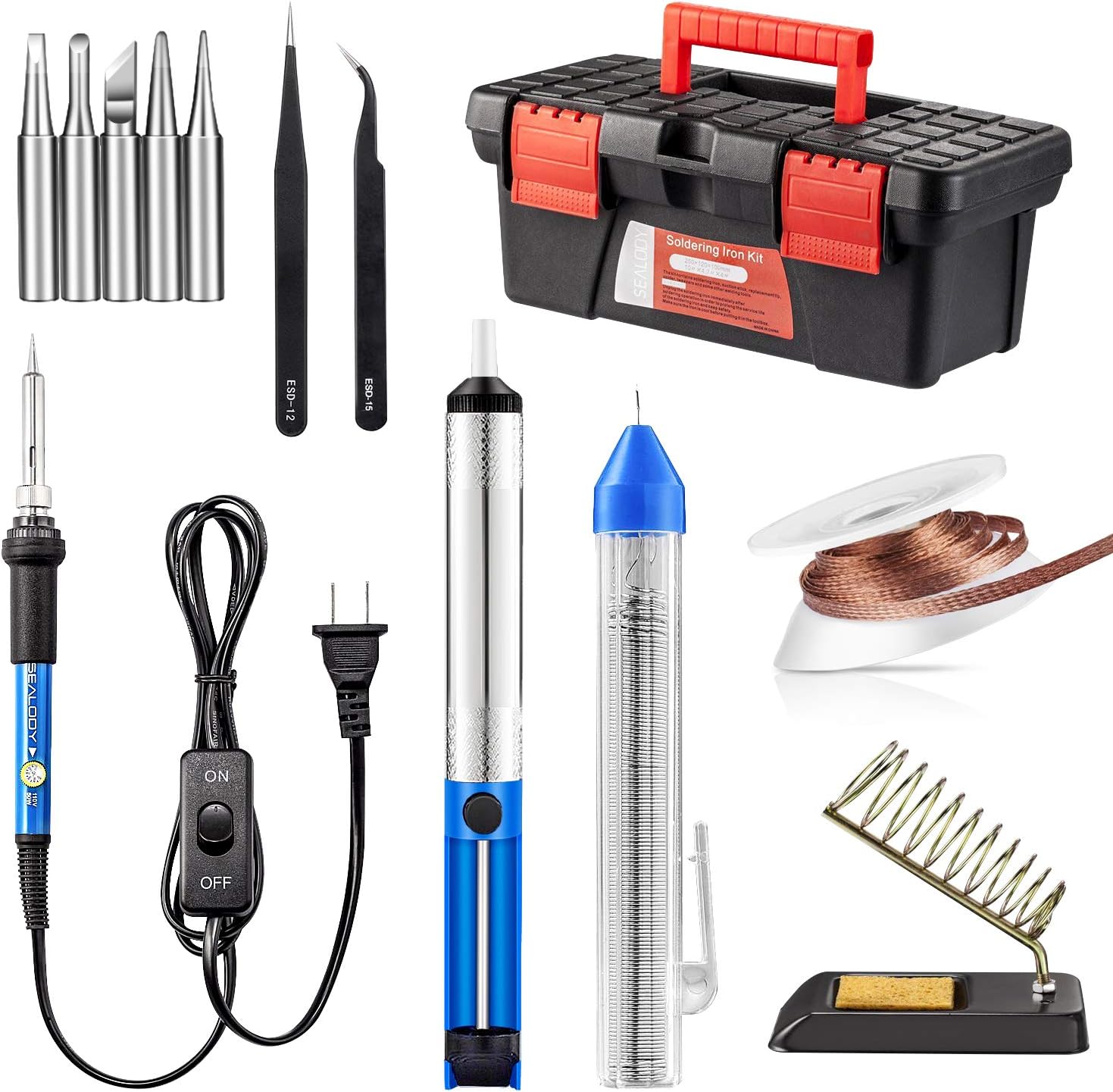 Soldering Iron Kit, Including 60W Temperature Control Soldering Iron with ON/Off Switch, Tips, Solder Sucker, Desoldering Wick, Solder Wire, Anti-Static Tweezers and Stand (A)
