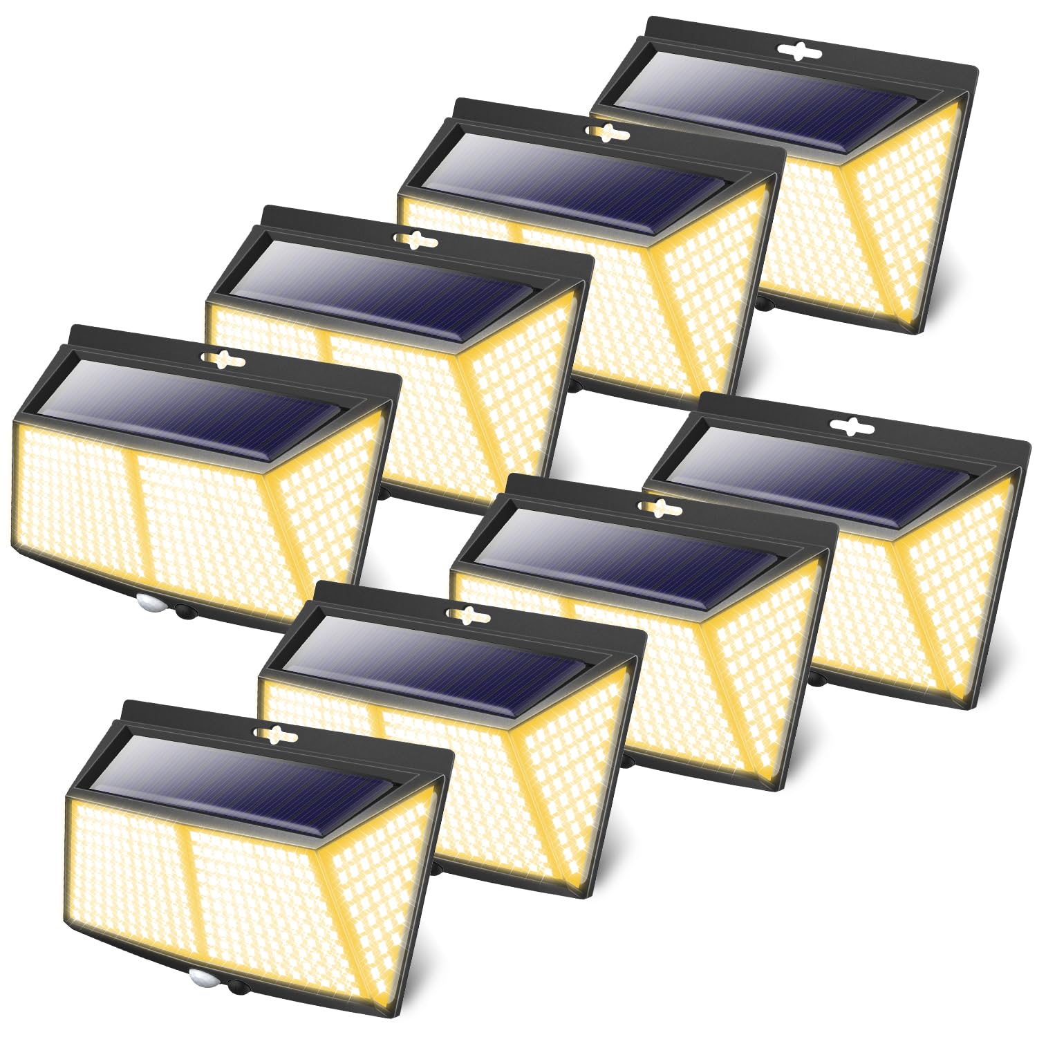 LOTMOS 8 Piezas 308 Luz Solar Exterior, Focos Solares de 3 Modos IP65 Impermeable Con Sensor de Movimiento Para Jardín, Pared, Blanco Cálido