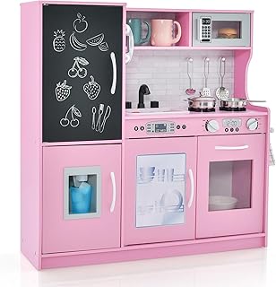 MAT EXPERT Kids Kitchen Playset, Wooden Chef Pretend Toy Kitchen w/Chalkboard, Ice Maker, Cookware Accessories, Telephone, Oven, Microwave, Play Kitchen for Toddlers, Gift for Boys Girls 3+ (Pink)
