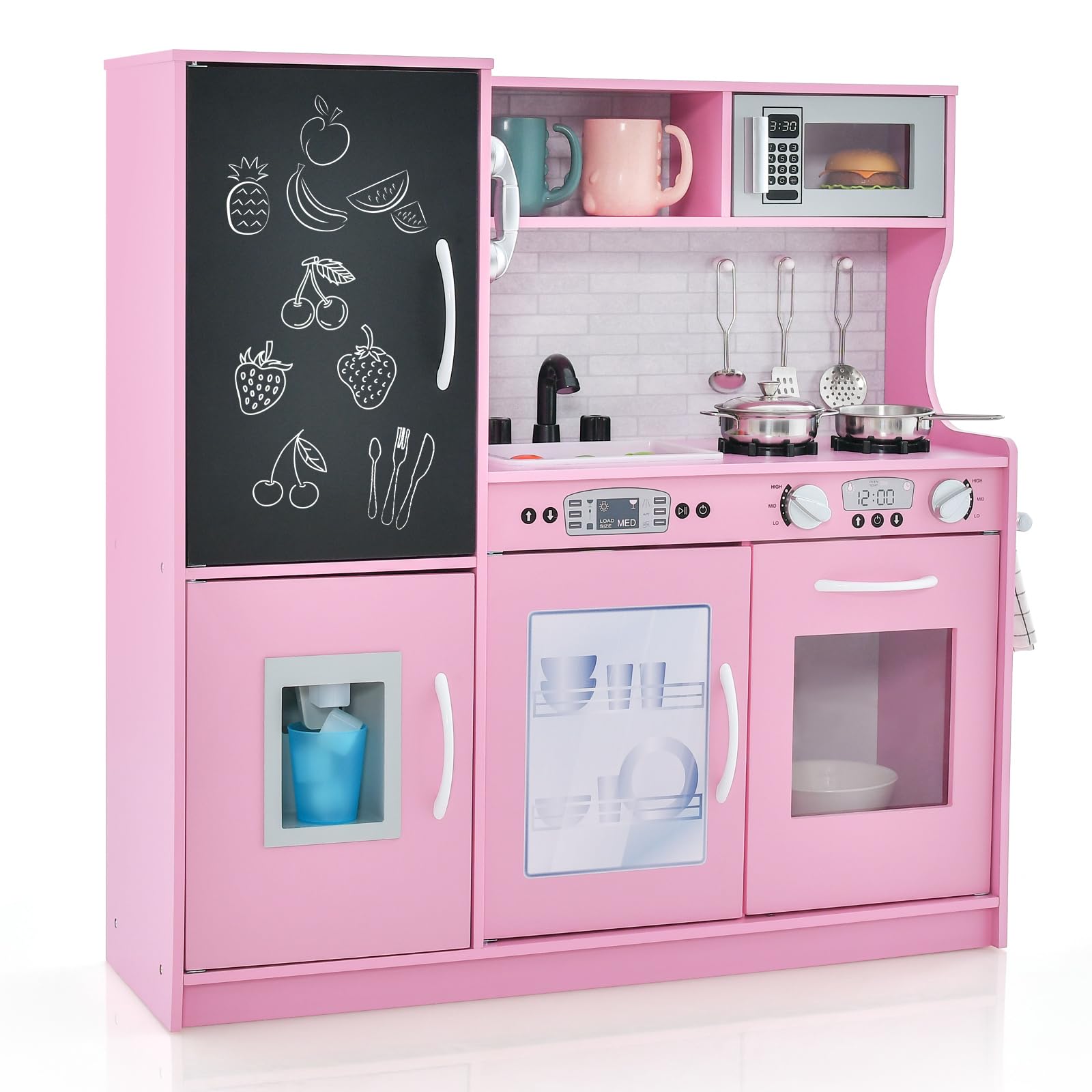 GOPLUS Kinderküche aus Holz, Kinderspielküche mit Mikrowellen, Backofen, Wasserbecken, Kreidetafel & Eismaschine, Stabiler Spielküche mit Spielzubehör, für Kinder 3-6 Jahre (Rosa)