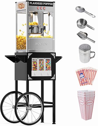 ROVSUN Máquina de palomitas de maíz con carrito, ruedas y hervidor de 10 onzas que hace hasta 4 galones, máquina de palomitas de maíz con