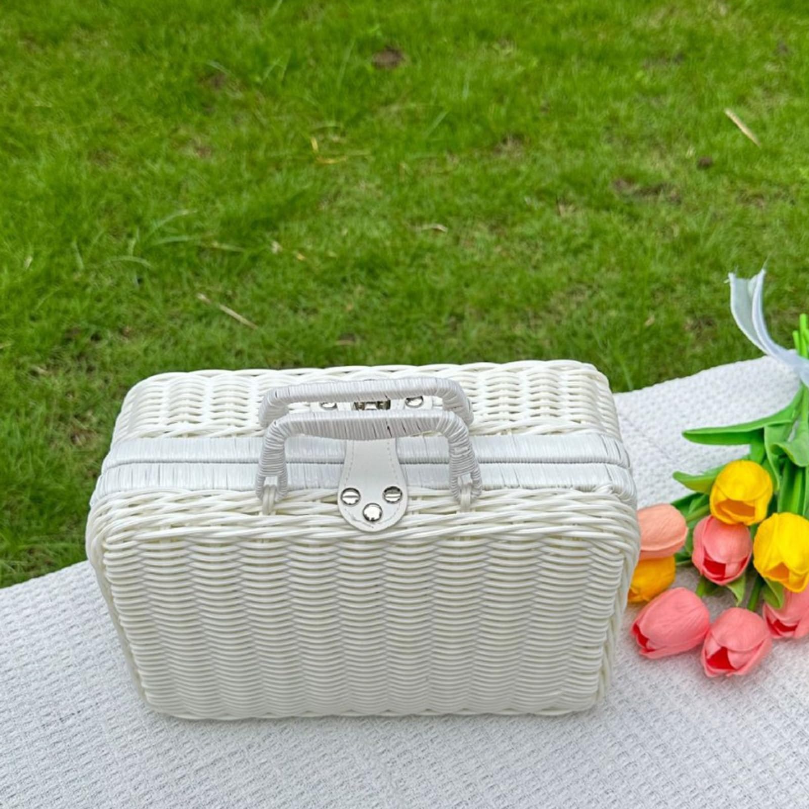Weiden Picknickkorb, Retro Gewebte Picknickbox, Kunststoff Rattan Koffer Picknickkorb mit Griffen und Metallschloss für Outdoor Camping, Foto Requisite(M-Weiß)