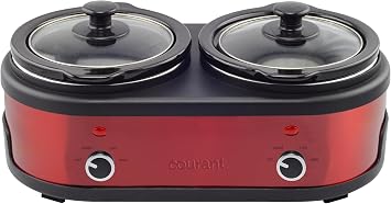 Courant 3.2-Quart Double Slow Cooker 1.6-Qt each w/Warm Settings, Stainproof Stoneware Pots and Glass Lids Red Stainless Steel