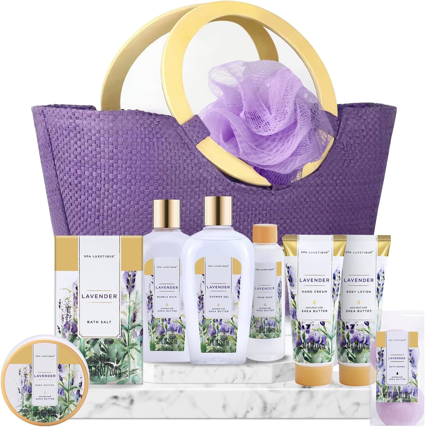 Spa Luxetique Lavender Spa Gift Baskets for Women, Premium 10pc Gift Baskets, Best Holiday Gift Set for Women – Deluxe Spa Tote Bag with Wooden Handle, Bath Salt, Hand Soap, Shower Gel and More!
