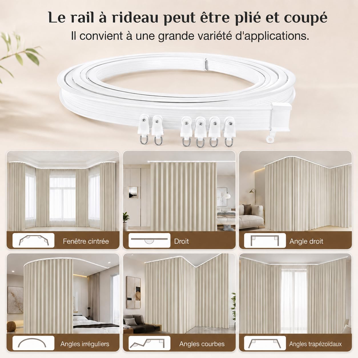 254 cm Extra Large Rideau Séparateur de Pièce avec Rail Plafond Occultant | Rideaux Thermique, Kit Complet Rail Pliable Et Rideau, Tissu Occultant Triple Tissage, pour Studio et Bureau (H 274cm, Beige)