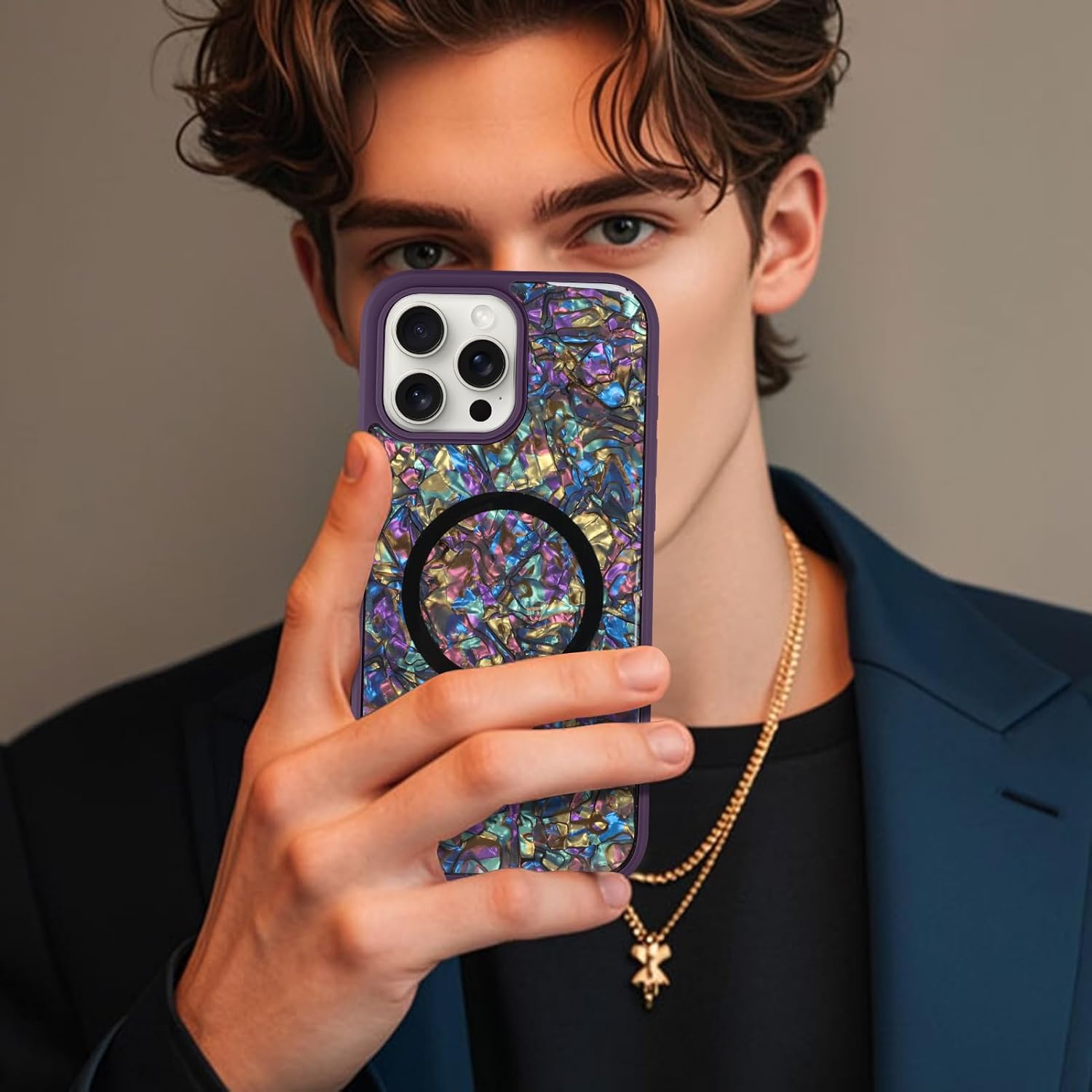 Magnetic for iPhone 15 Pro Case, Luxury Colorful Abalone Shell Phone Case for Women Men, Compatible with MagSafe, Cute Sparkle Glossy Shockproof Protective Cover, Elegant Purple