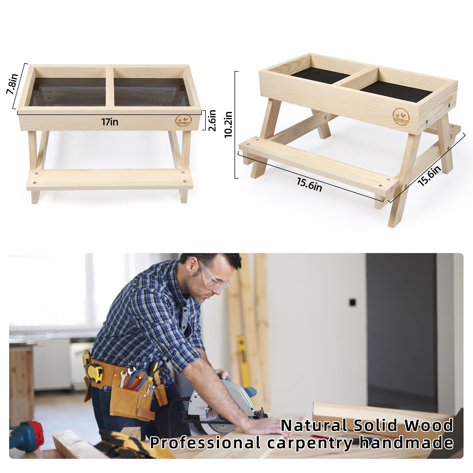 Mesa de picnic para pollo, sin residuos, comedero grande hecho a mano de madera, kit de comedero de mesa de pollo, comedero de pájaros salvajes, patos y ardillas, sin ensuciar, parte inferior de malla