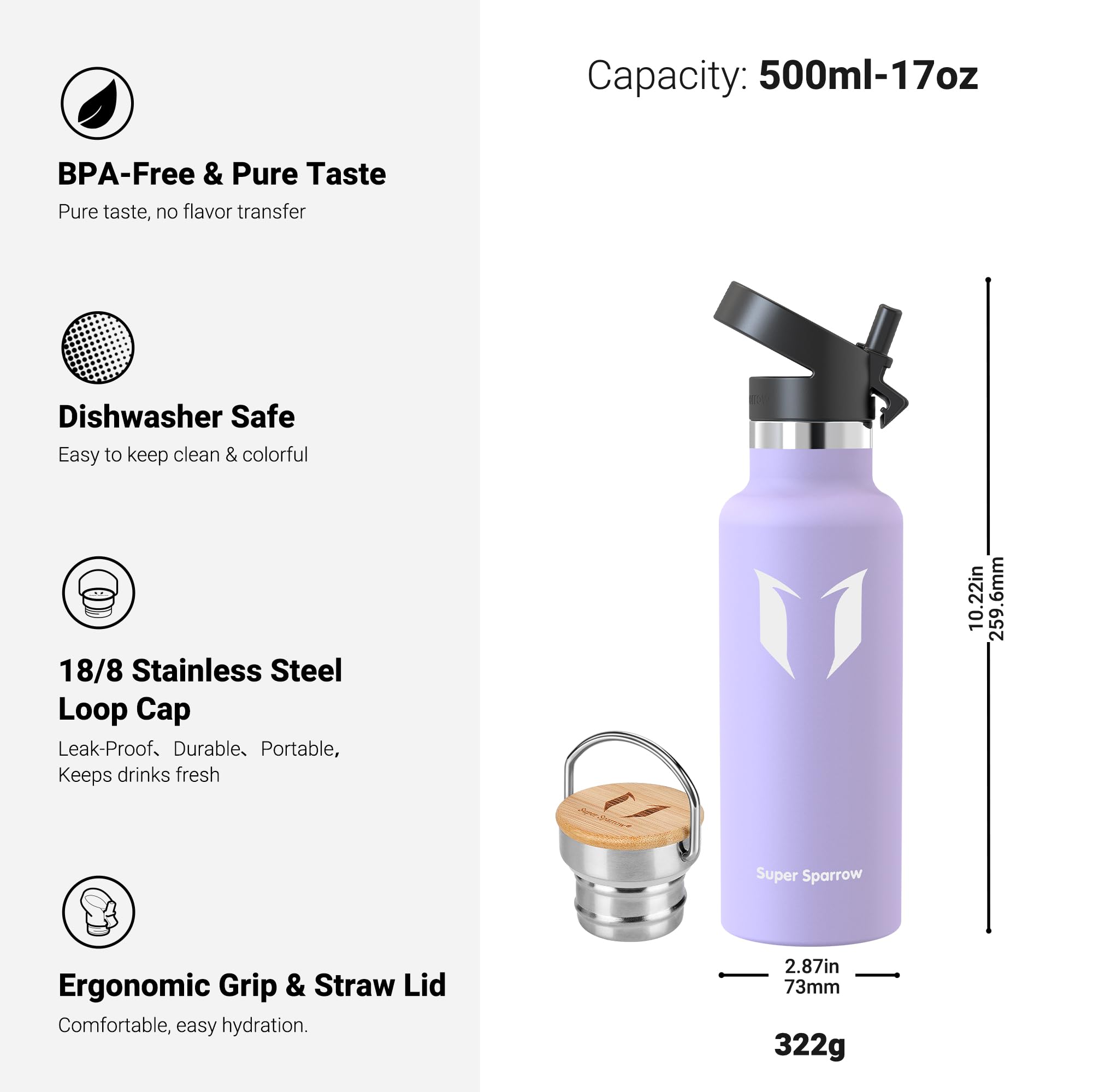 Super Sparrow Borraccia Termica - Bottiglia Termica Senza Perdite - 350ml/500ml/620ml/750ml/1L - Senza BPA Borracce Bambini - Per Scuola, Sport, Campeggio, Palestra, Ciclismo - Con 2 Tappi