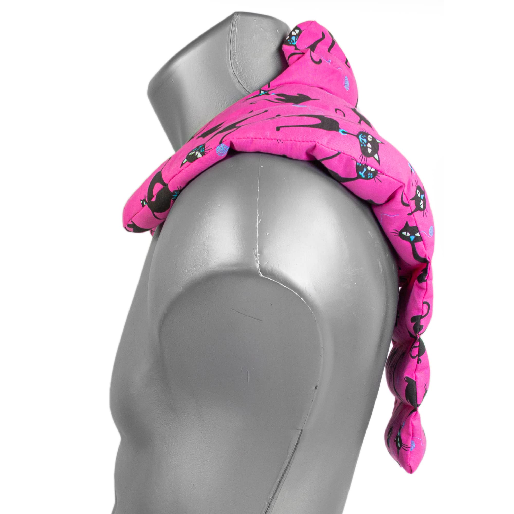 Coussin cervical HWS - Tour de cou pour vertèbres cerivicales avec col montant et partie dorsale - chat noir - fuchsia - Bouillotte sèche pour four et micro-ondes - Grains de blé