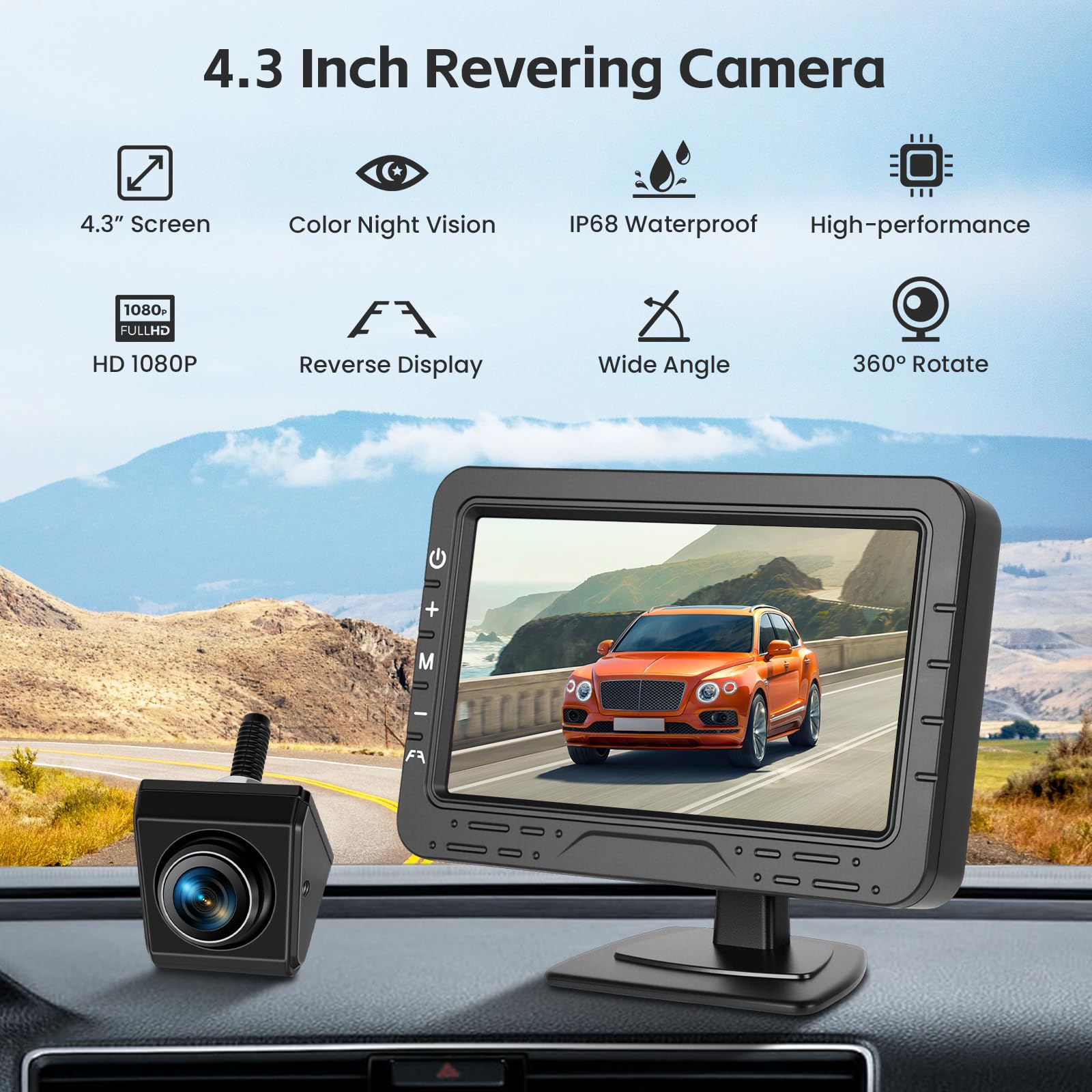 Hikity AHD 1080P Zestaw kamery cofania do samochodu o 360°, z ekranem 4,3 cala, IR noktowizor wodoodporny IP68, 1 kamera obrotowa, do samochodu, kempingu, ciężarówki, przyczepy kempingowej, 12-24 V