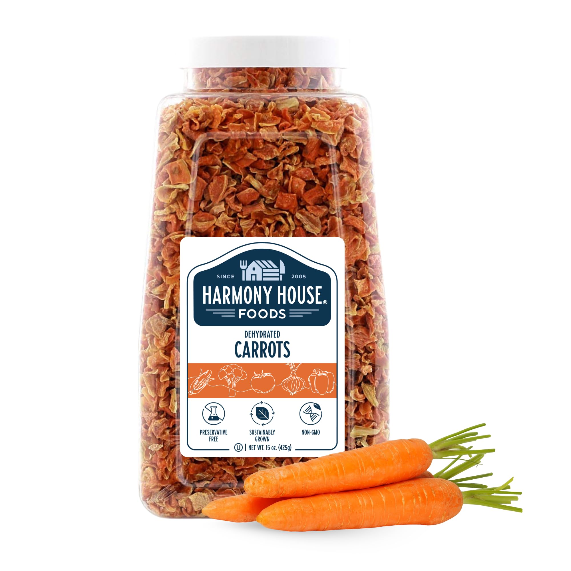 Harmony House Foods Dehydrated Diced Carrots - Air Dried Vegetables for Soup and Cooked Dishes, Great for Camping, Survival, and Backpacking, 15 Ounce Jar