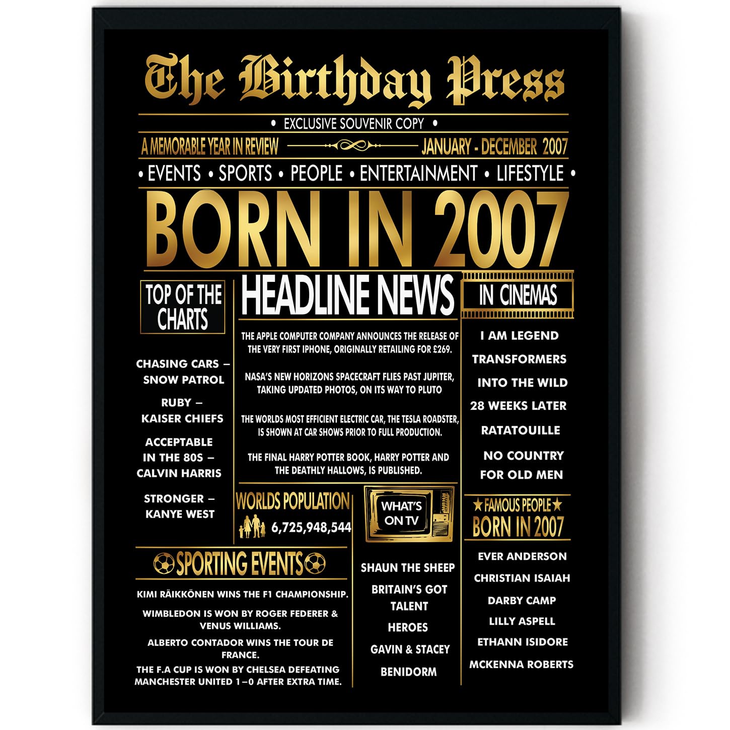Stuff4 Gold 19th Birthday Poster Framed, Golden Born In 2007 Newspaper