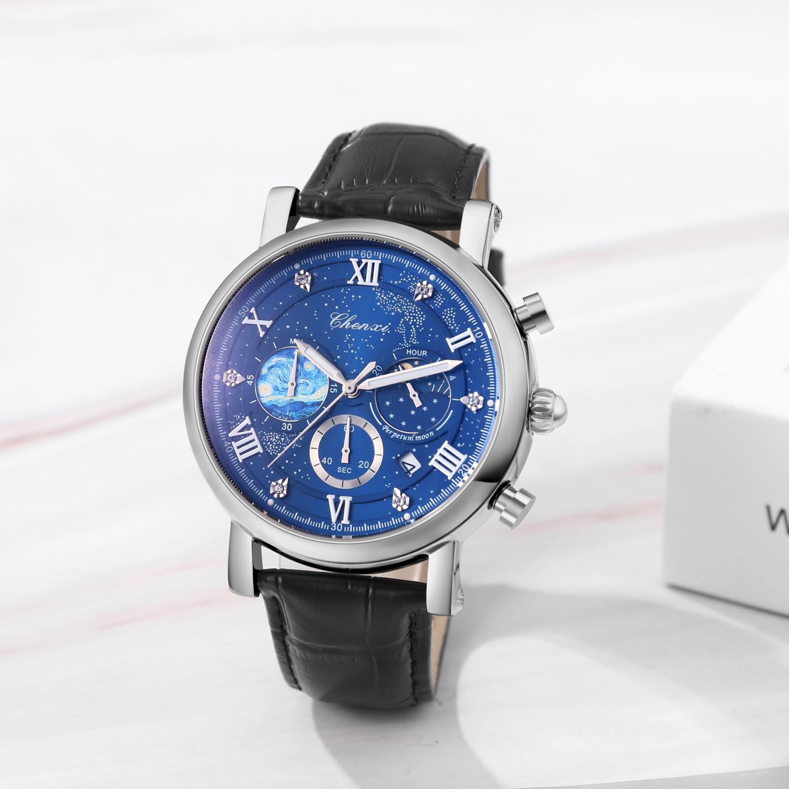 JewelryWe Orologio da Polso da Uomo in Pelle: Orologio da Polso Impermeabile Multifunzione Quadrante con Decorazione Notturna Van Gogh Starry Night con Cronografo e Calendario