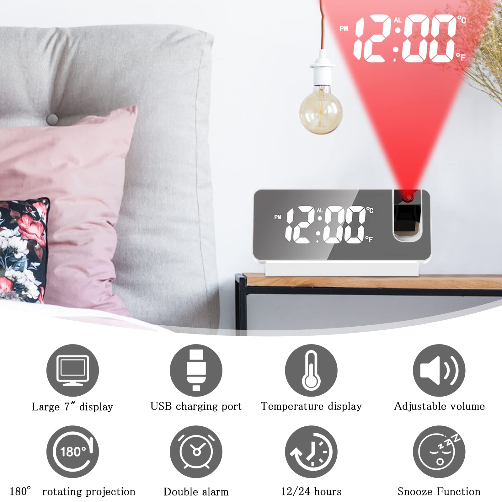 Sveglia Con Proiezione Orologio Digitale | Luce Notturna 10 Colori + USB-C | Bianco Per Camera - Foto 6