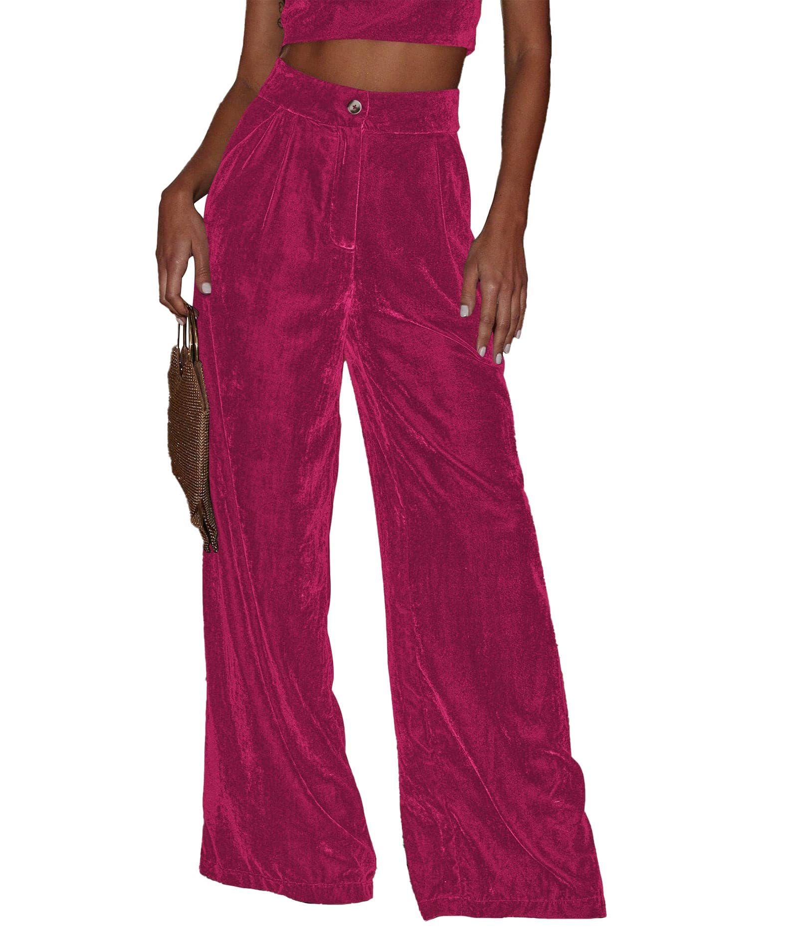Sexyshine Womens Velvet Flare Leg High Waist Wide Leg Palazzo Pants Bell Bottom Long Flowy Trousers with Pockets