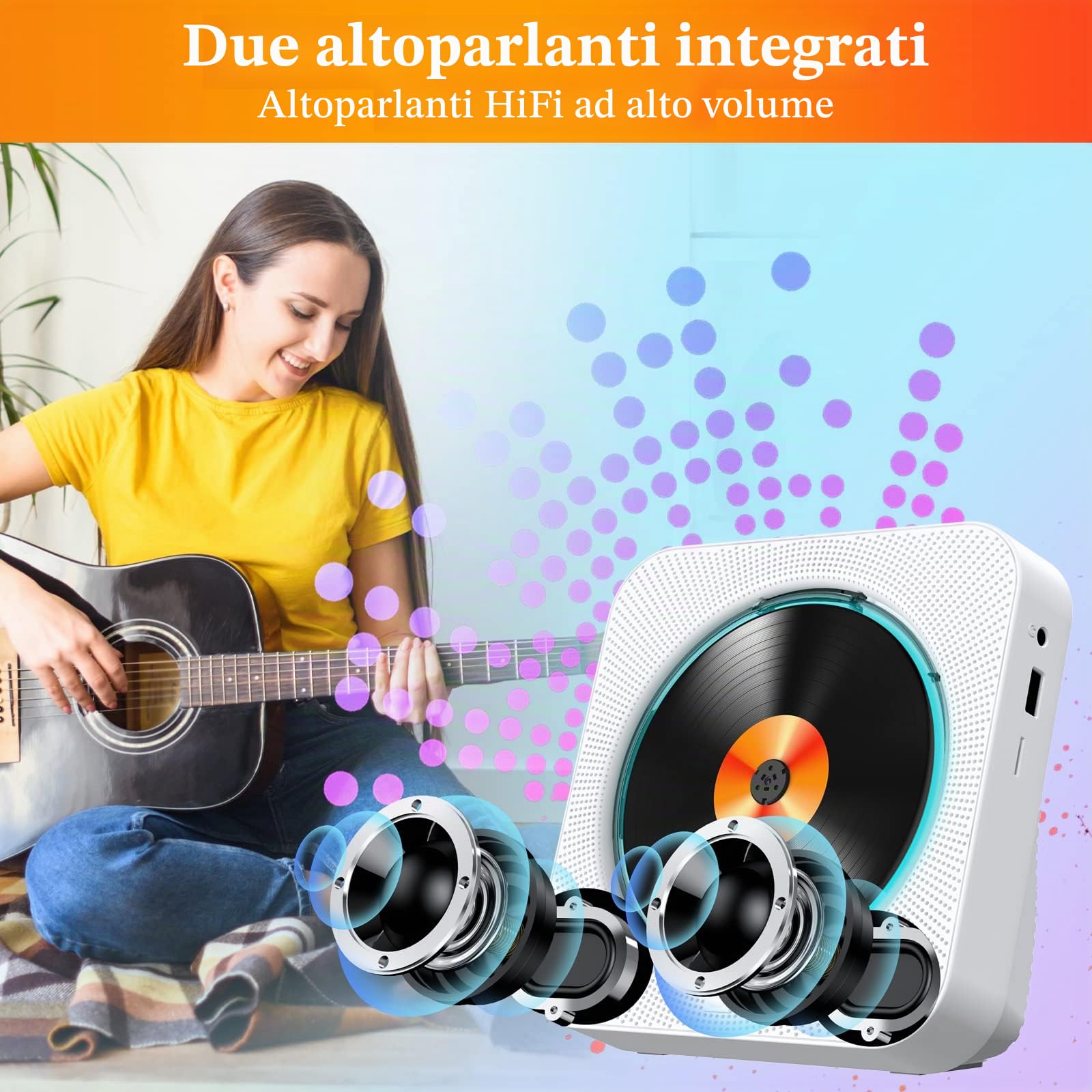 Lettore CD Bluetooth 5.1 Lettore CD da tavolo con 5W Doppi Altoparlanti Luce Telecomando Copertura Della Polvere Display FM Radio Timer Cuffie USB/SD Card/AUX Playback