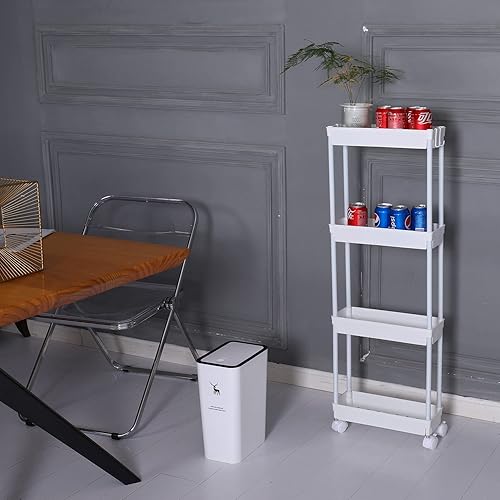 Miniatura 8 de Sooyee Carrito de almacenamiento delgado de 4 niveles, carrito de almacenamiento rodante, estante estrecho, estante de baño, organizador de