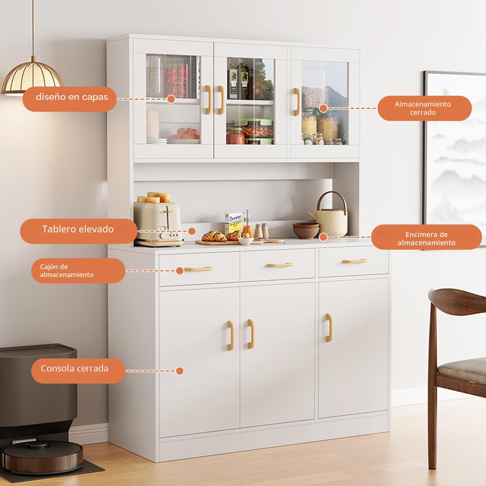 Armario de Cocina de 170 cm, Armario Alto de Madera, Aparador, Armario Multiusos con Cajones y Puerta de Cristal, Comedor, Baño, Oficina, Trastero, Blanco