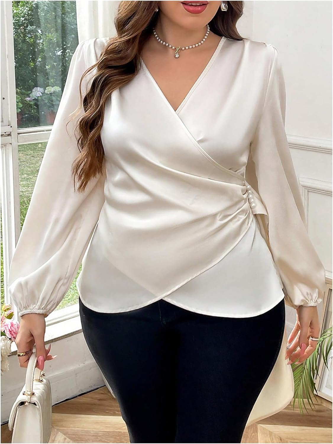 Floerns Women's Plus Size Satin Asymmetrical Wrap Tops Ruched V Neck Long Sleeve Blouses - Image 5