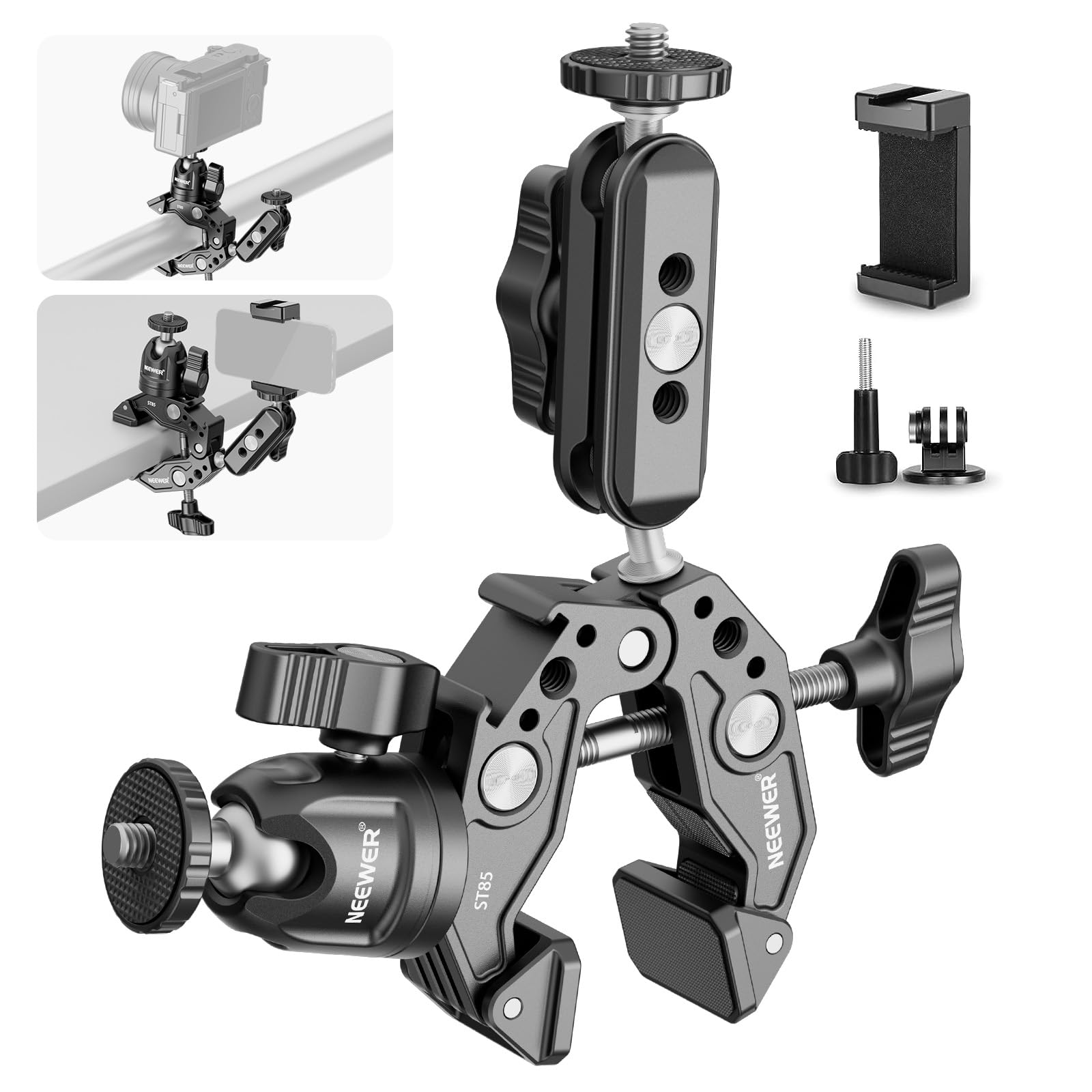 NEEWER Super Clamp with Ballhead Magic Arm, Cold Shoe, Phone/Action Camera Mount Adapter Compatible with SmallRig GoPro DJI
