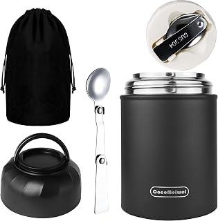 HOTFOODTHERMO 17oz Vacuum Insulated Thermo Lunch Box for Hot Soup & Food - Leakproof with Spoon & Bag, Black