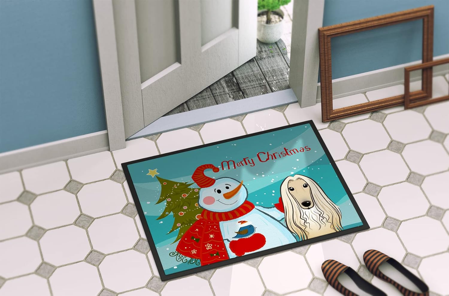 Caroline's Treasures BB1864MAT Snowman with Afghan Hound Doormat 18x27 Front Door Mat Indoor Outdoor Rugs for Entryway, Non Slip Washable Low Pile, 18H X 27W