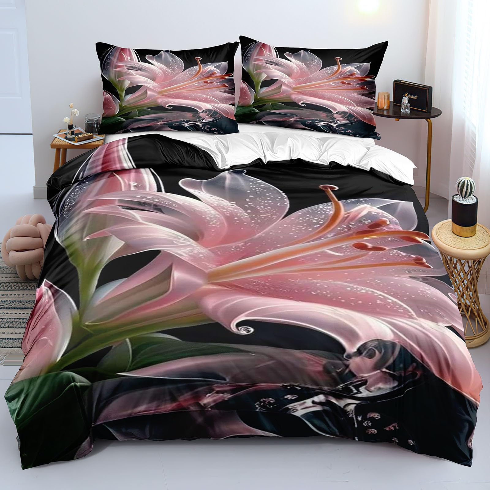 Parure de lit 3 pièces K62 avec housse de couette imprimée 3D plantes rose et 2 taies d'oreiller