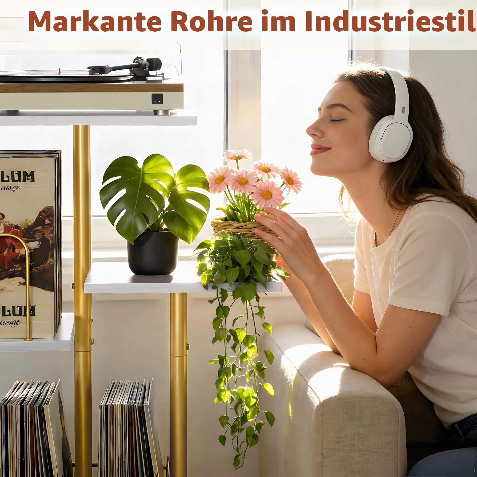 Bikoney Plattenspieler-Ständer mit Vinyl-Regal und LP-Ablage Gold