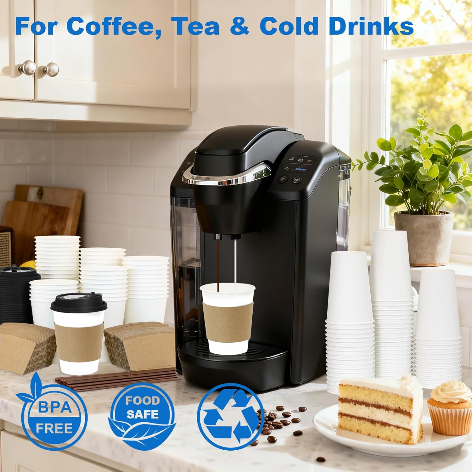 12 oz 100 Pack Coffee Cups with Lids and Sleeves, Straws, Hot Disposable To Go Travel Paper Cups Bulk for Office, Home Coffee Bar Accessories, Chocolate, Cocoa, Beverage (White) - Image 2