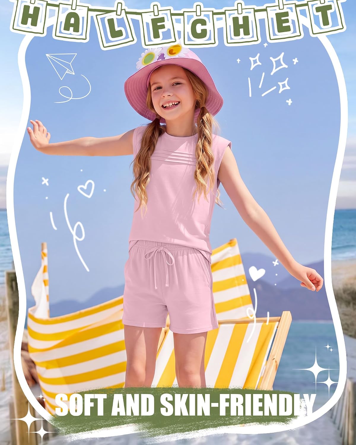 Halfchet Girls 2 Piece Outfits Girls Summer Sets Kids Cap Sleeve T-shirts Drawstring Shorts with Pocket Casual Matching Sets