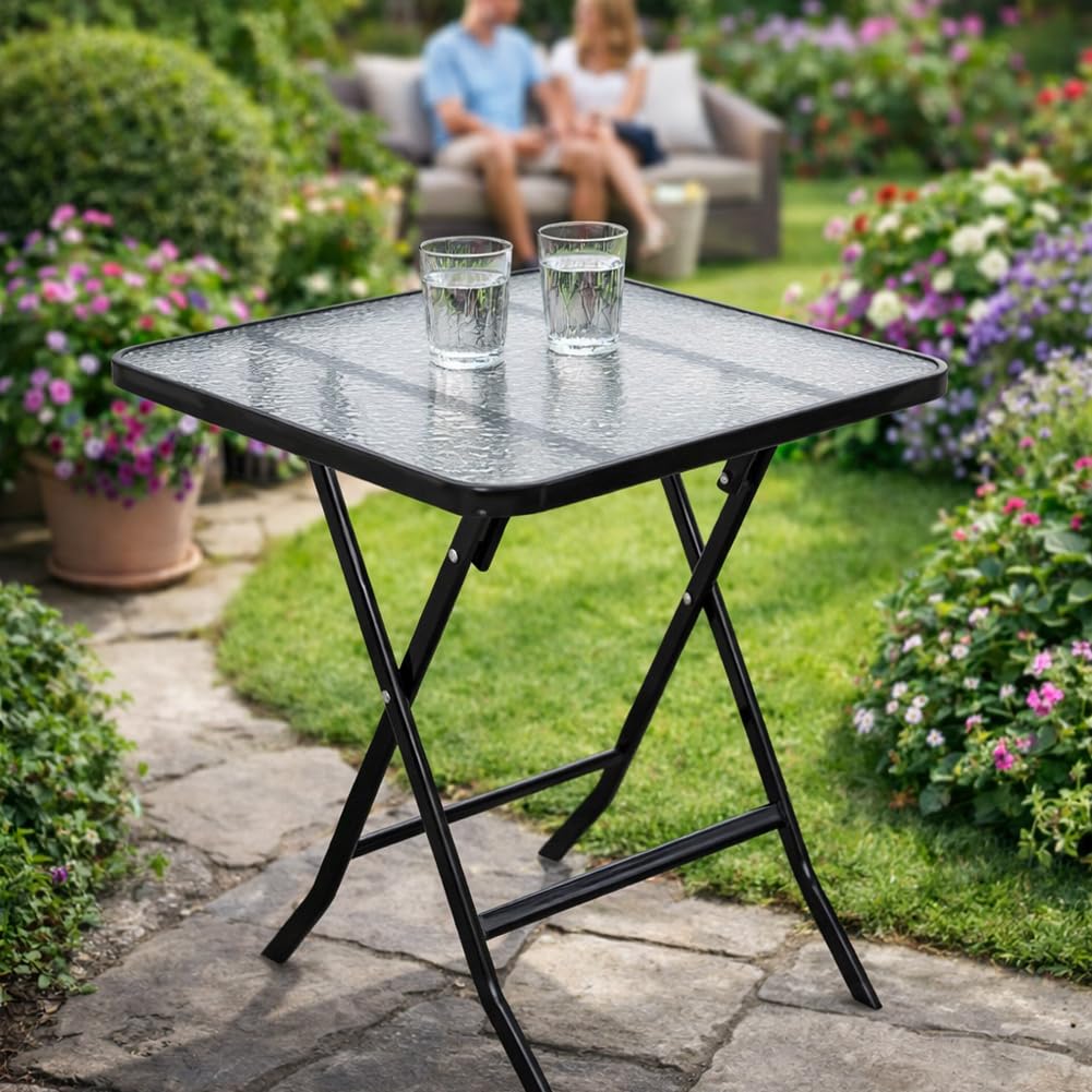 BAKAJI Tavolino Pieghevole da Esterno e Interno con Struttura Nera e Piano in Vetro, Tavolo Salvaspazio Richiudibile Ideale per Bar, Ristoranti, Balcone, Giardino, Terrazzo, 60 x 60 x 71 cm (Quadrato)