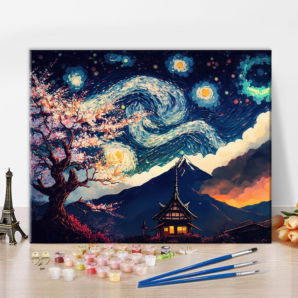 TISHIRON Paint by Number for Adults, Cherry Blossom Trees Paint by Numbers, Abstract Starry Sky Painting by Numbers Kits, Artwork DIY Oil for Adults Painting Craft Kits for Adult, 40x50cm
