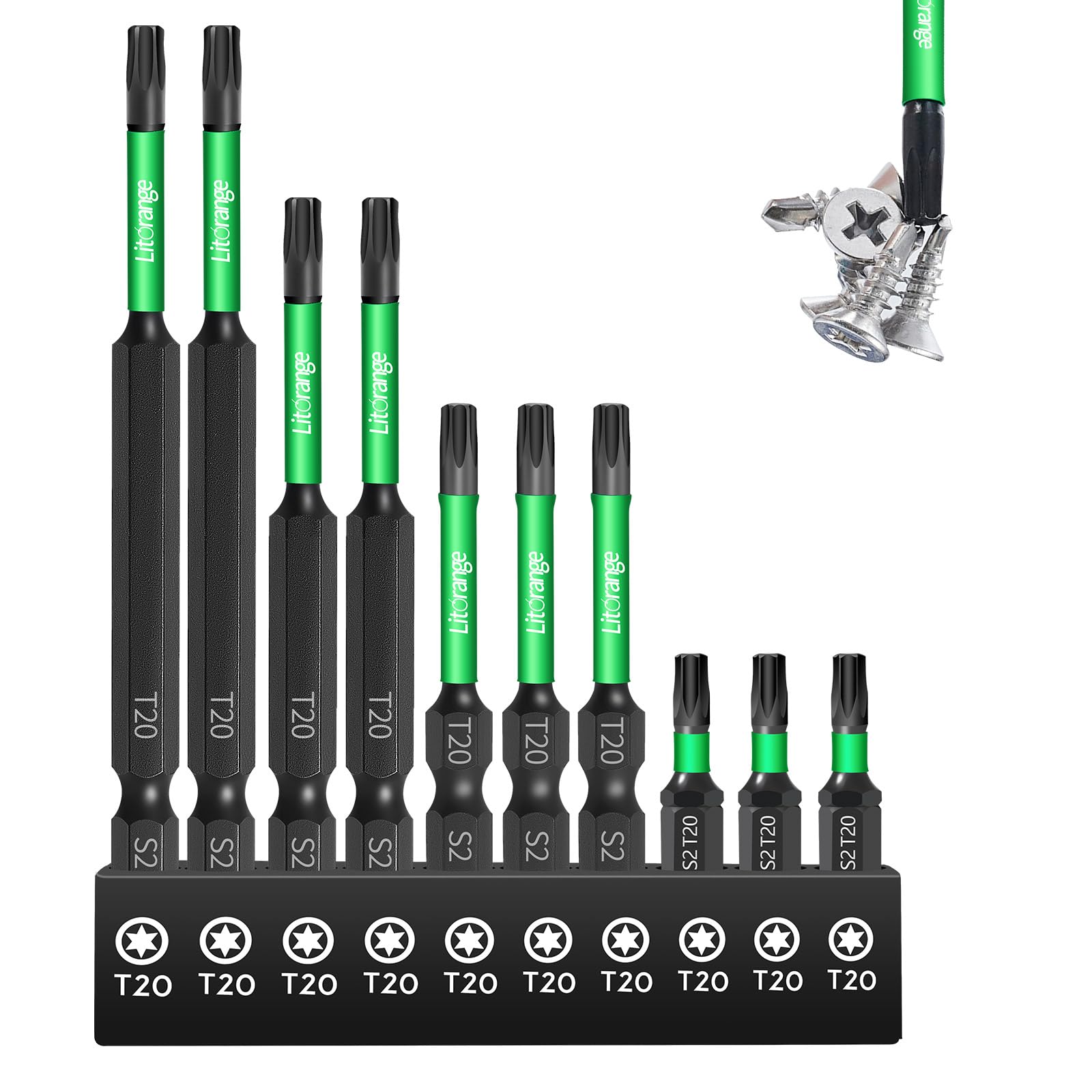 Litorange 10 PCS T20 Torx Bits, Long T20 Impact Driver Bits with Strong Magnetic, 1/4 Inch Hex Shank (89 mm / 70 mm / 50 mm / 25 mm)