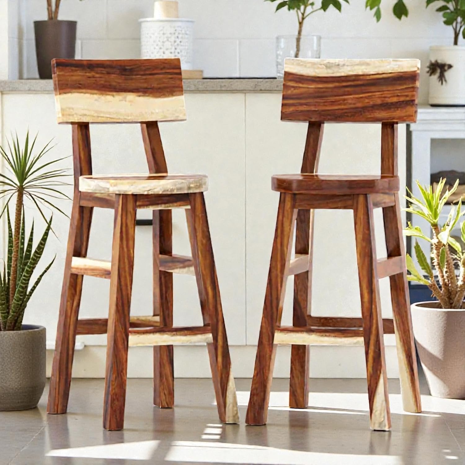 Solid Sheesham Wood Bar Stool with Back Support Natural Finish Wooden Counter Height Stool for Kitchen Bar Dining Cafe Seating-image-29