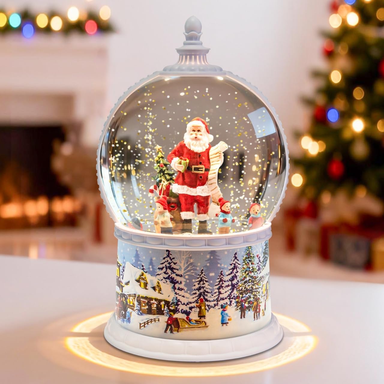 Christmas Snow Globes Musical,6H Timer Cylinder Glitter Snow Globe,White Snow Globes Christmas with Music Box Including 8 Songs, Battery Or USB Cable Powered