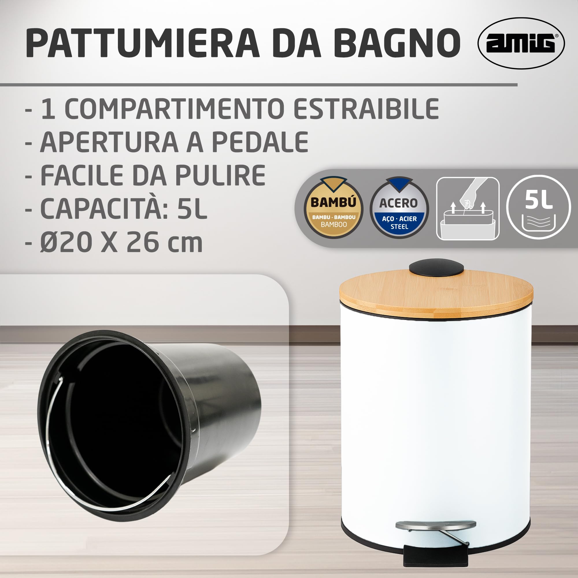 Amig Pattumiera da bagno con pedale 5 litri Naturline bianco bambù acciaio inox laccato 20x26 cm