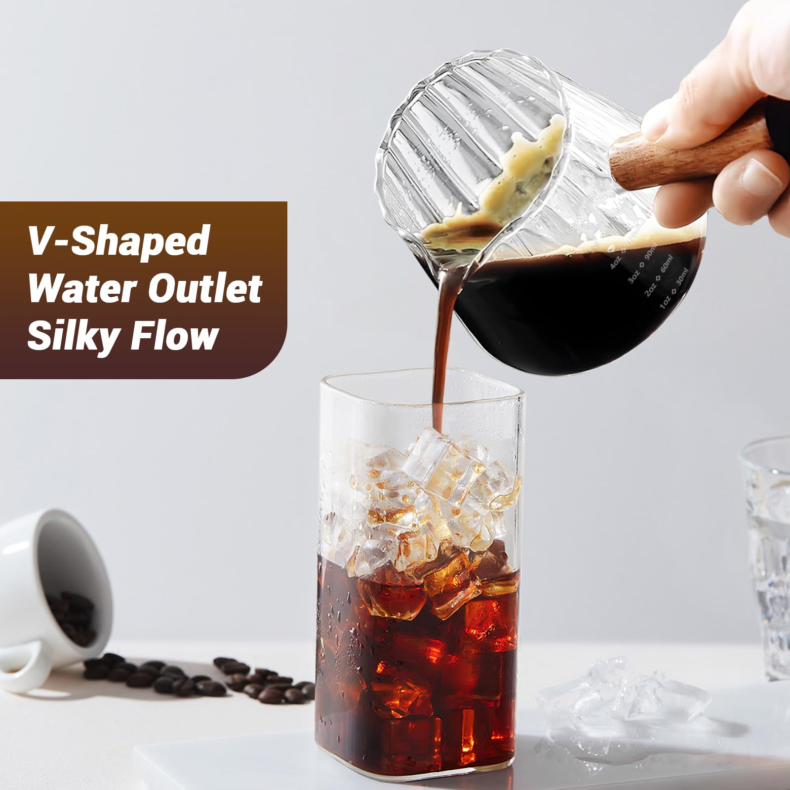 Espresso Measuring Cup 6 Oz, Espresso Glass Cups with Wood Handle, Milk Frothing Cup, Espresso Cup for Coffee, Milk, Tea or Maple Syrup Serving