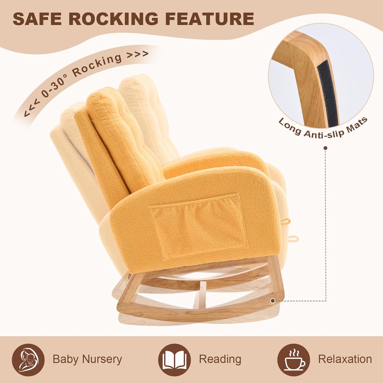 Nursery Rocking Chair,Rubber Wood Base Glider Rocking Chair with Adjustable Footrest and Side Pocket,Teddy Fleece Glider Rocker for Living Room, Bedroom (Teddy Fleece, Yellow)