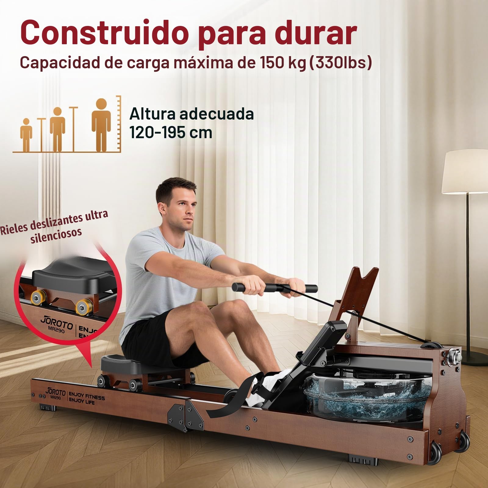 Máquina de Remo JOROTO para el hogar, máquina de Remo de Agua de Madera Plegable | Conexión Bluetooth a la aplicación Kinomap | Capacidad máxima de Peso 150 kg | Depósito de Agua de 16L | 98%