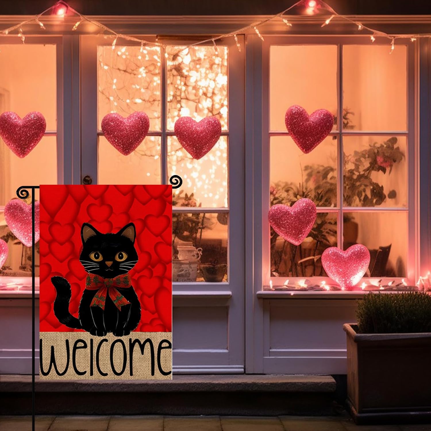 Valentines Day Welcome Garden Flag Black Cat Love Hearts Flag 12x18 Inch Outside Double Sided, Anniversary Love Heart Rustic Yard Outdoor Decoration - Image 5