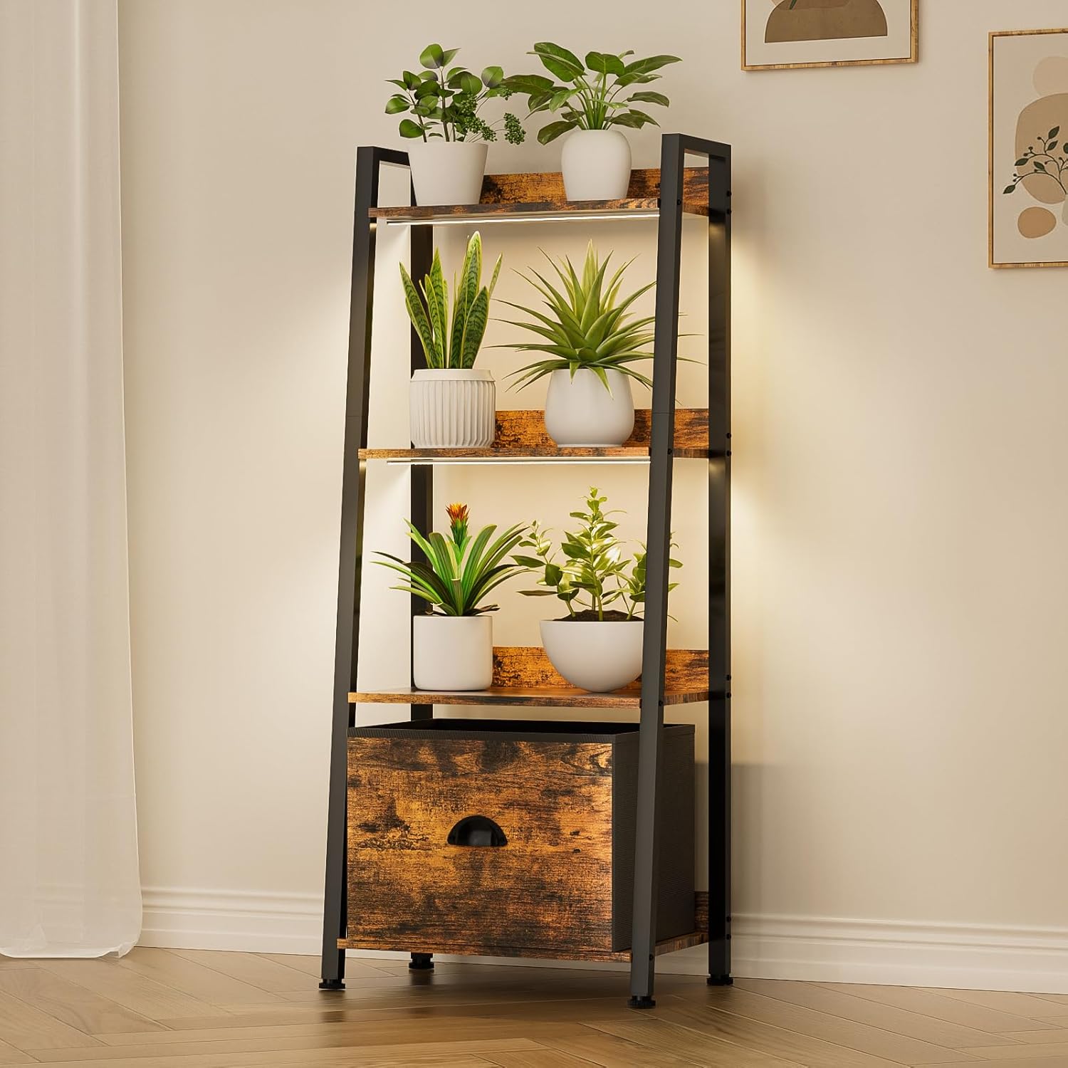 Plant Stand Indoor with Grow Lights, 4 Tiered Indoor Plant Shelf with Drawer, 48" Tall Corner Plant Stands for Indoor Plants, Metal Flower Display Shelves, Sturdy Ladder Plant Rack for Home, Patio