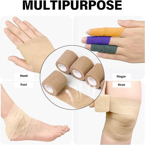 Miniatura 2 de OZER Paquete de 12 vendajes autoadhesivos de 2 pulgadas x 5 yardas, rollos de vendaje cohesivo transpirable y cohesivo, cinta elástica autoadhesiva
