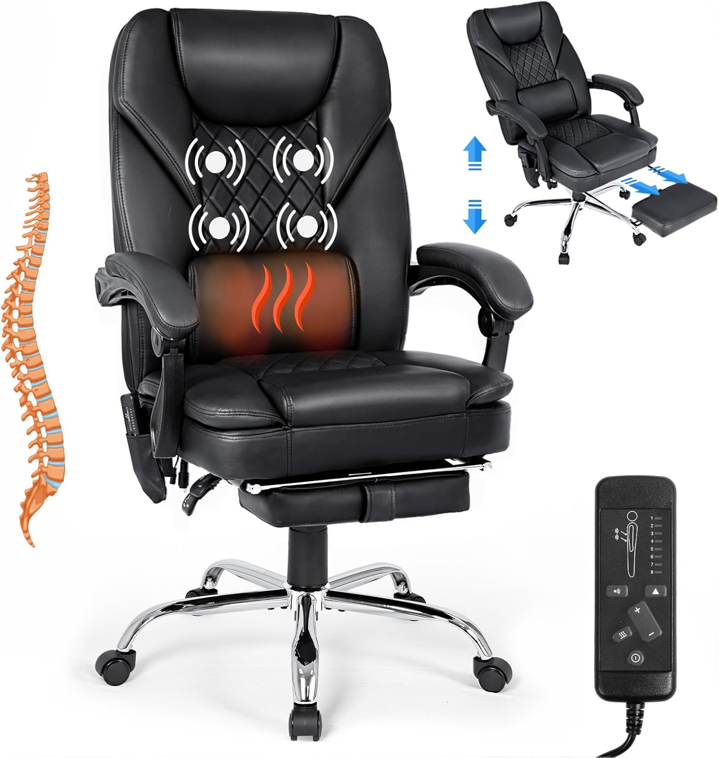 400lbs Executive Leather Office Chair with Ergonomic Design and Reclining Function - Comfortable Computer Desk Chair with Integrated Foot Rest-Black & Sturdy