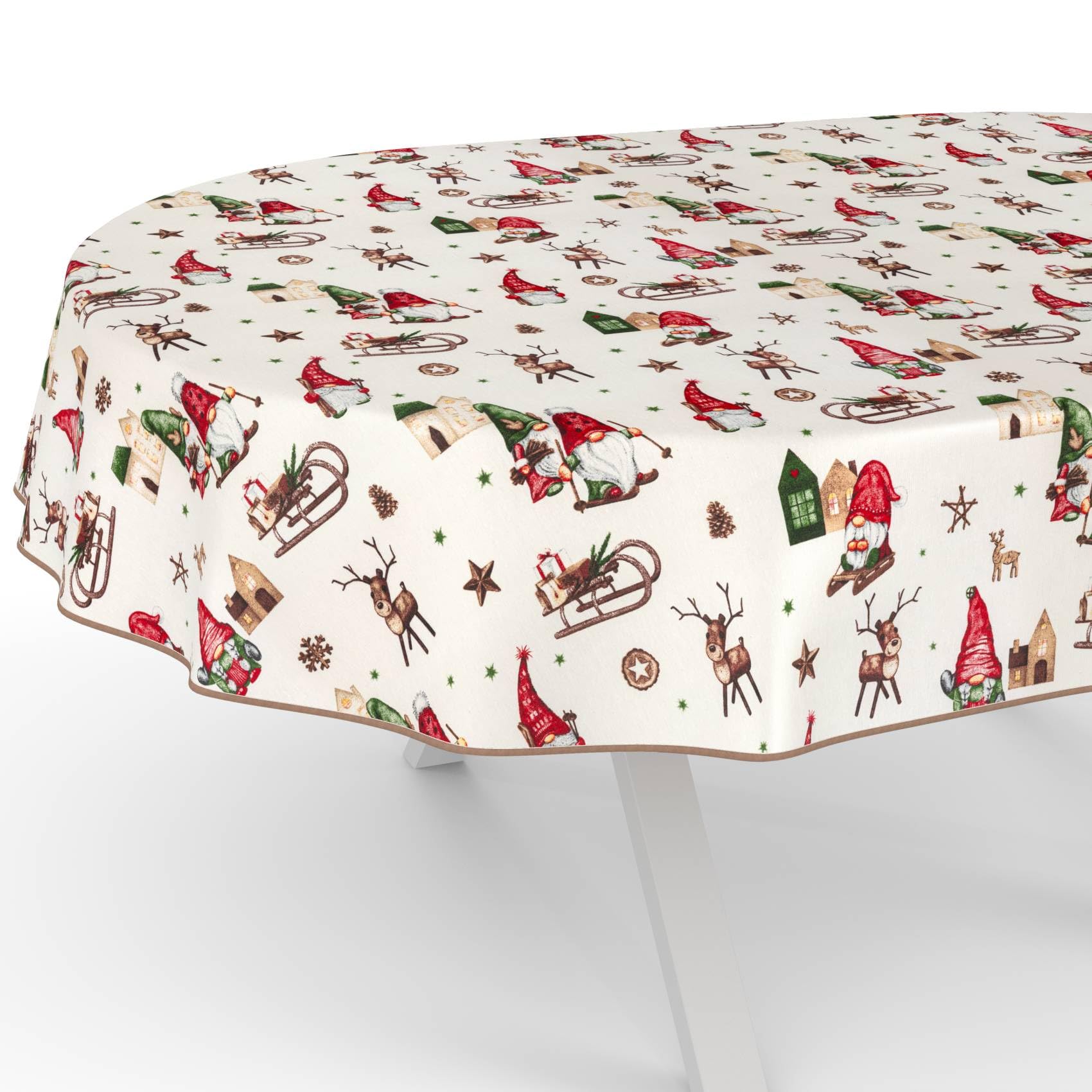 ANRO Tischdecke abwaschbar Weihnachtszwerg mit Saum oval 200x140 cm