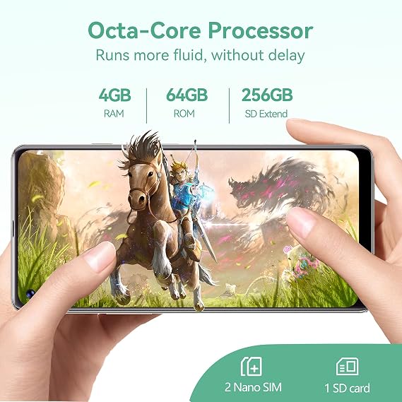 Smartphones Unlocked with 6.95 Large Screen, 48MP Triple Camera, 5000 mAh Battery, 4GB/64GB (256GB Extension), 4G Dual SIM, NFC, Face ID (Green)