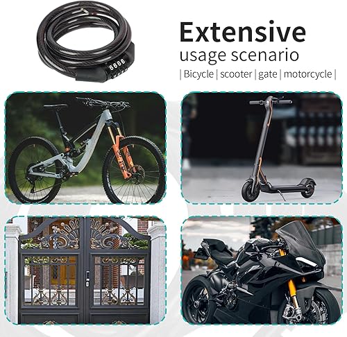 Miniatura 5 de Candado de bicicleta con combinación de candado de bicicleta con cerradura ligera de 4 dígitos, paseo Redbo, 4 pies de largo, negro, cerradura para